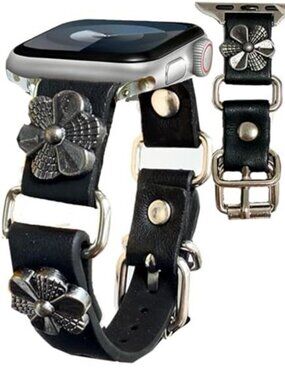 NEW Black Luxury Charms Genuine Leather Apple Watch Band